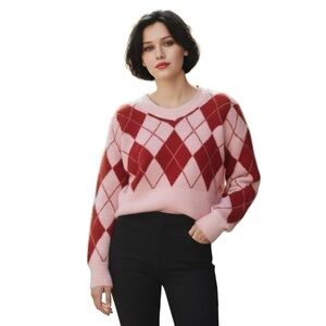 FOREVER 21 M Pink Red Fuzzy Argyle Cropped Sweater R $36 NWT